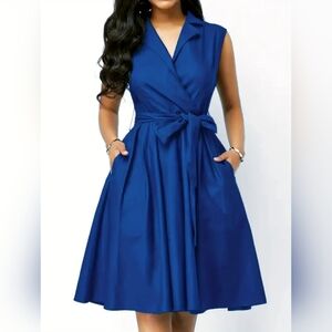 Elegant Blue Sleeveless Fit n Flare Wrap Dress Size XXL